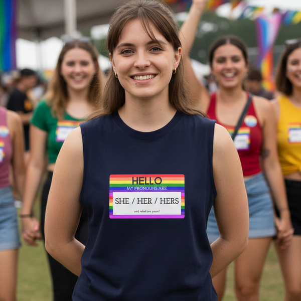 Muscle top reads “Hello My Pronouns Are She / Her / Hers,” paired with a rainbow name tag, worn at an outdoor Pride event.