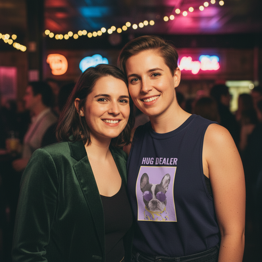 Smiling person wearing a navy muscle tank with “HUG DEALER” and a bulldog graphic at a neon-lit bar