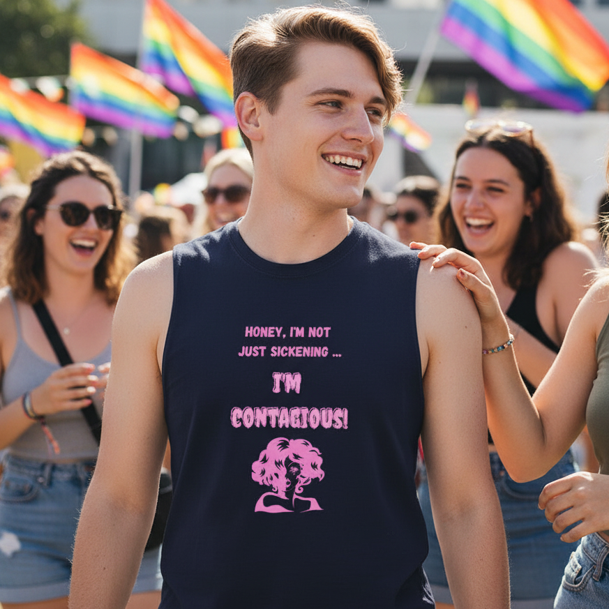 Navy sleeveless “I’m Contagious Muscle Top” with bold pink text—“Honey, I’m not just sickening ... I’m contagious!”—at Pride.