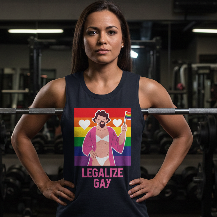 Legalize Gay Muscle Top with cartoon art, rainbow flag backdrop, and bold pink "LEGALIZE GAY" slogan on a proud gym goer.