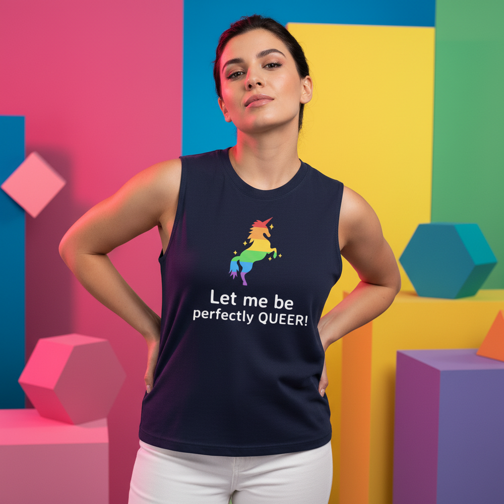 Navy Let Me Be Perfectly Queer Muscle Top, relaxed fit, with a rainbow unicorn and “Let me be perfectly QUEER!” slogan.