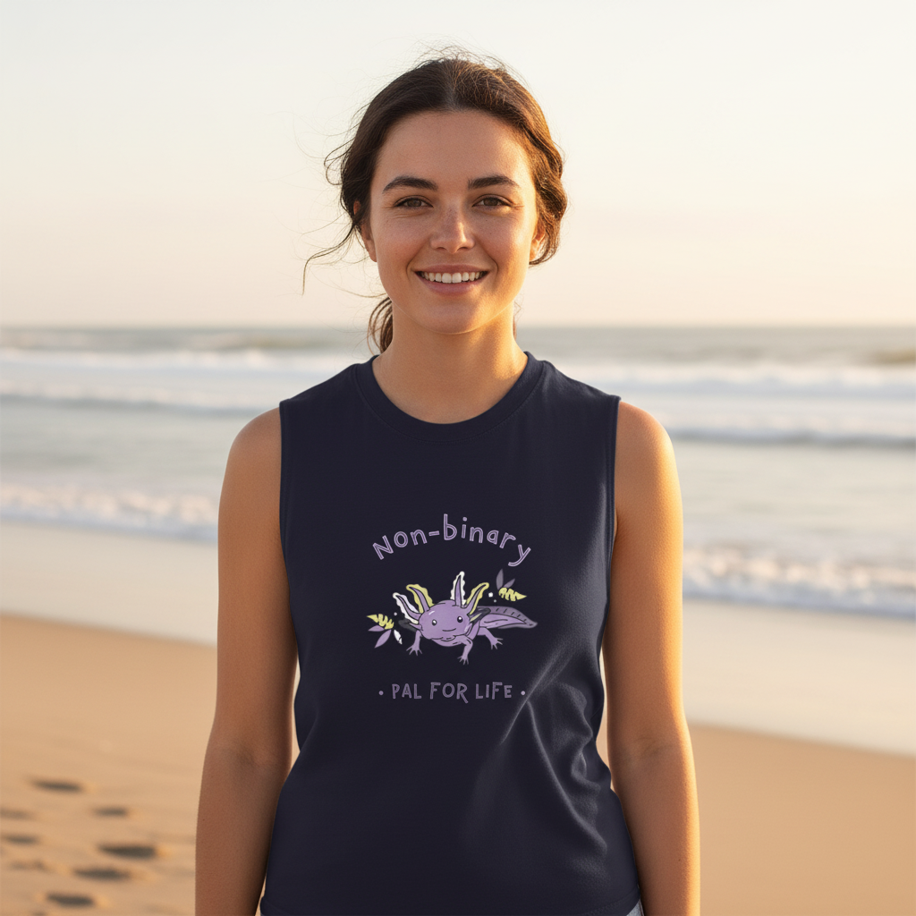 Non-Binary Pal For Life Muscle Top: navy tee, relaxed fit; purple axolotl and "Non-binary Pal for Life". Beach backdrop.
