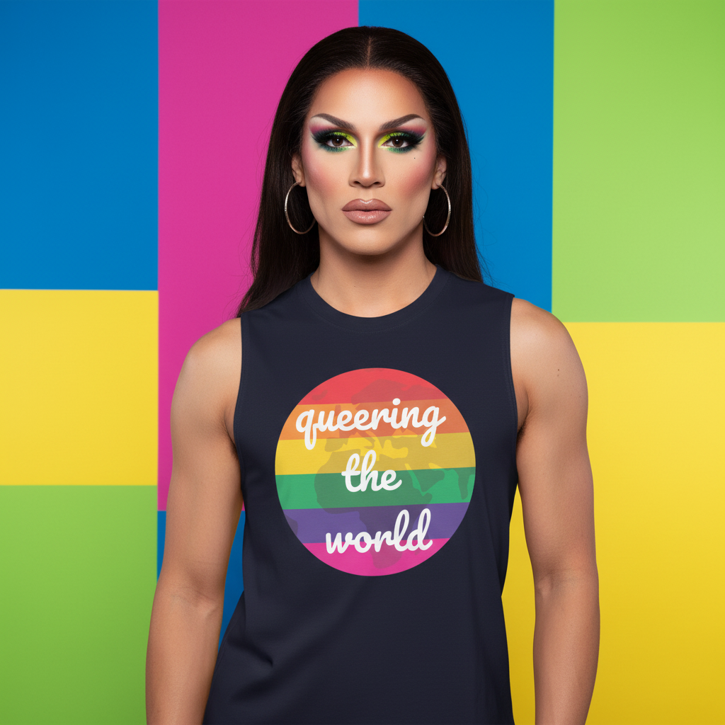 Queering The World Muscle Top with a chill fit, rainbow circle graphic, and “queering the world” in white cursive on vibey colors.