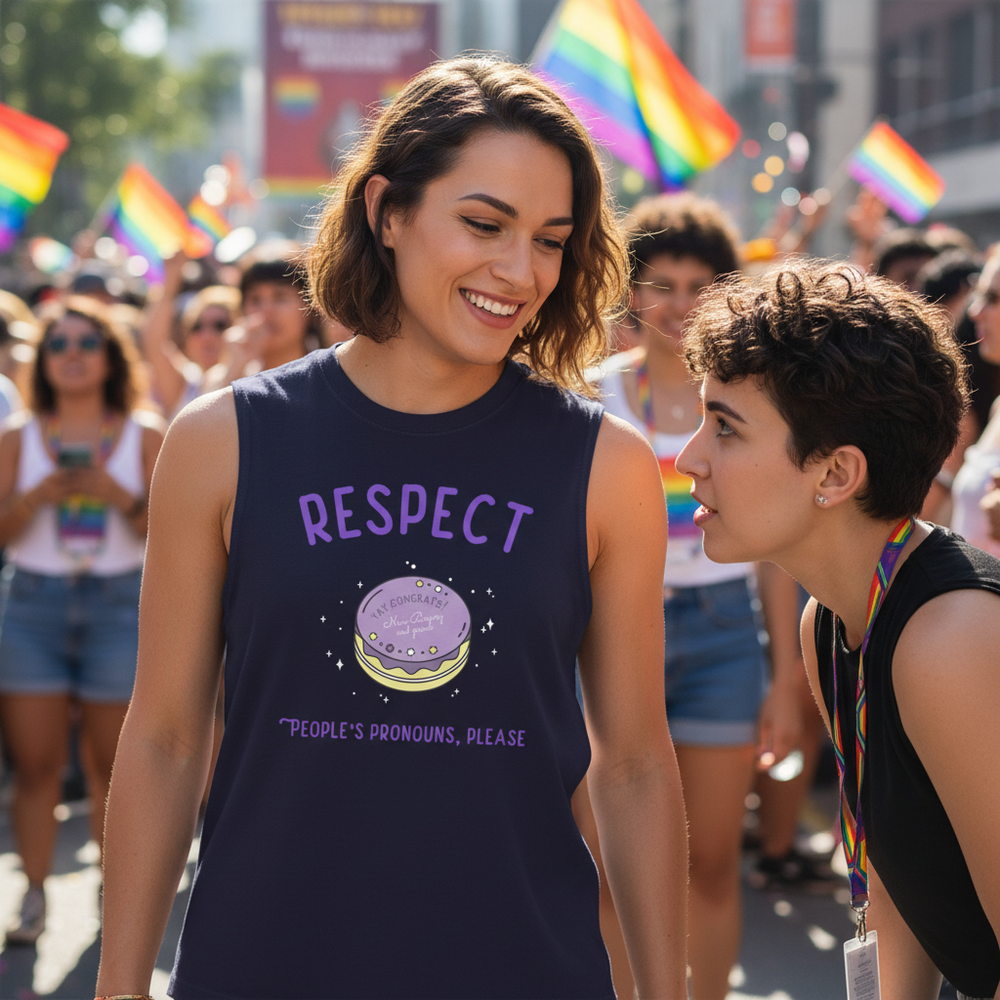Navy muscle top reading “Respect People's Pronouns Please” with a macaron graphic, worn at Pride; rainbow flags wave behind.