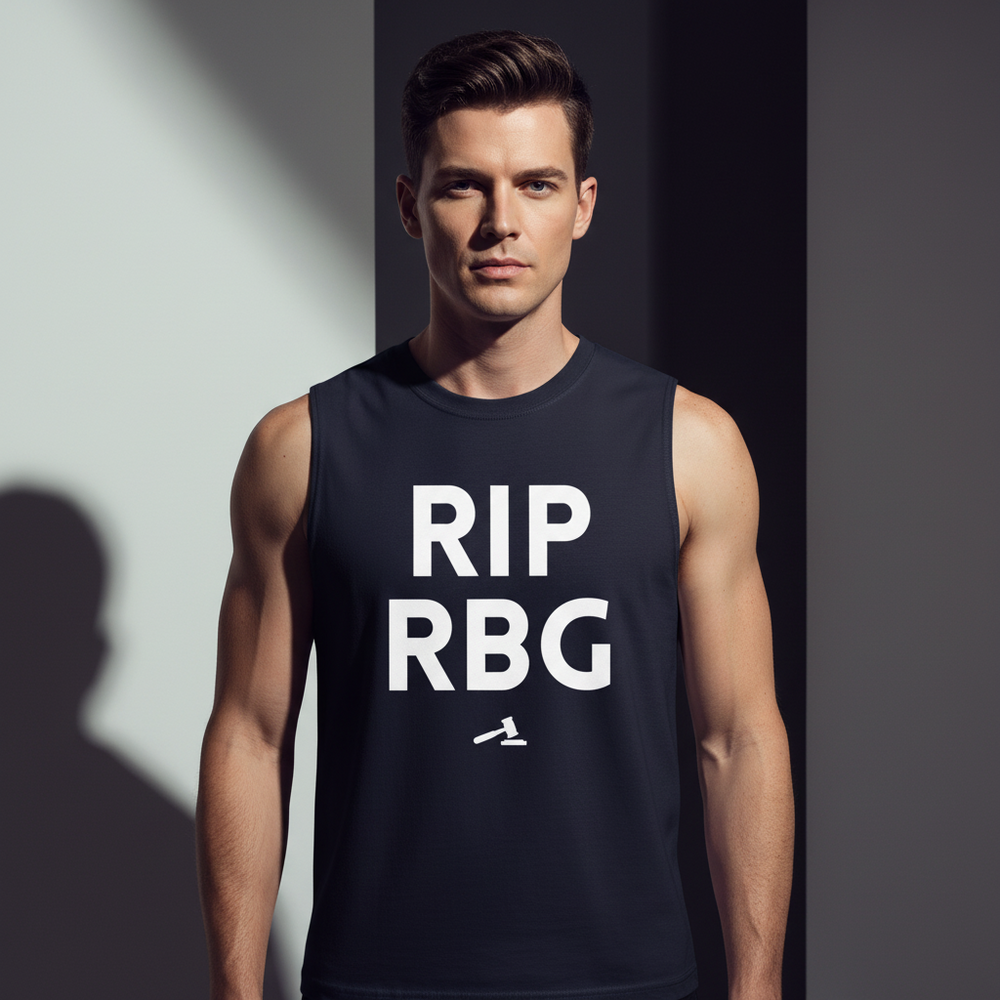 Sleeveless black muscle top with bold white "RIP RBG" and a gavel graphic, queer homage worn under dramatic, shadowed light.