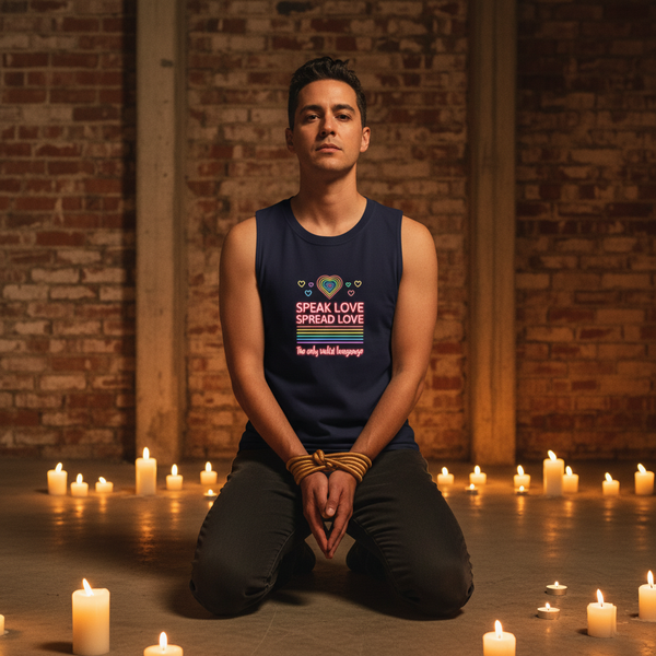 Speak Love Spread Love Muscle Top with colorful heart motifs and 
