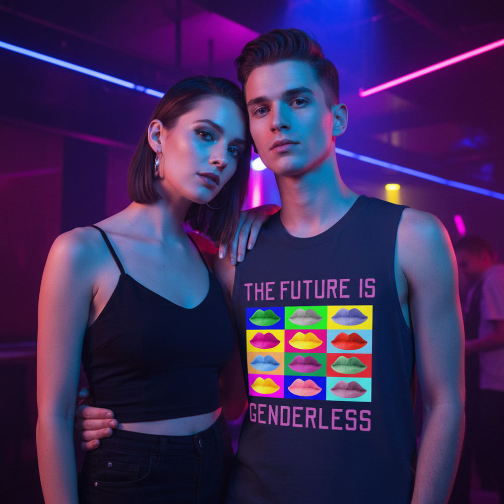 Genderless muscle top with "The Future Is Genderless" slogan and colorful lips; worn by queer clubgoer in neon-lit space.