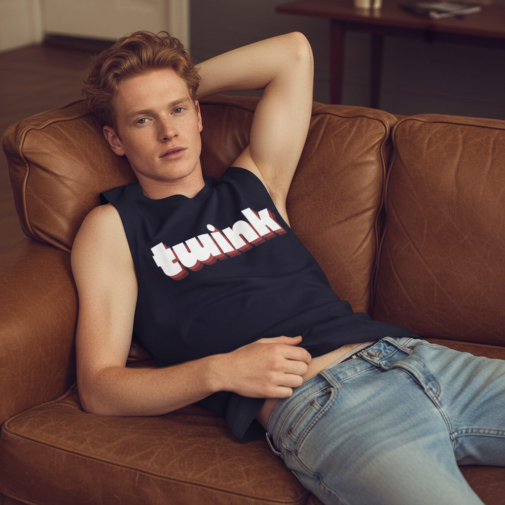 Twink Muscle Top, a sleeveless black pride tee, on a red-haired young man in blue jeans lounging on a brown leather sofa.