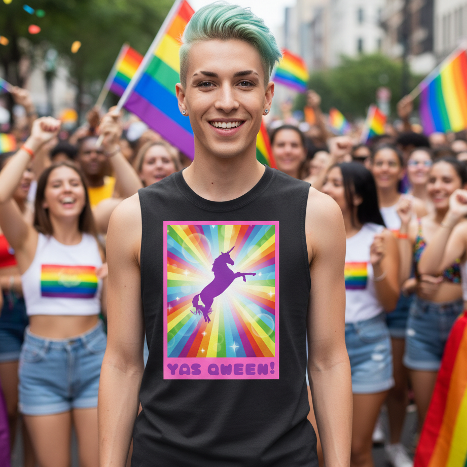Muscle tee in black, relaxed fit and sleeveless, features rainbow unicorn and “YAS QUEEN!”; worn at a queer Pride parade.