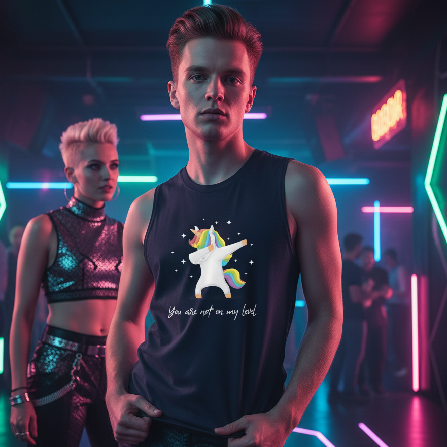 You Are Not On My Level" muscle top with a dabbing unicorn, rocked by a queer guy in a neon club; femme friend shines nearby.