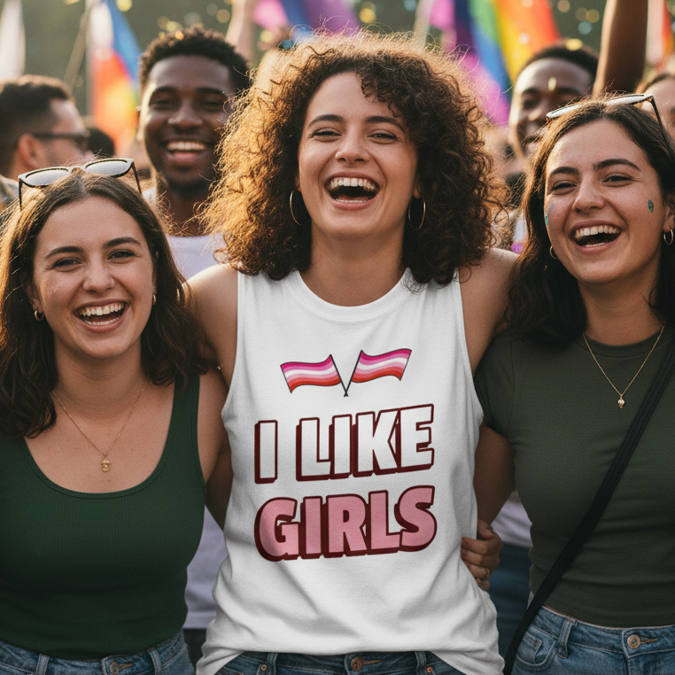 Unisex "I Like Girls Muscle Top" with bold pink text and double lesbian flags, worn at a pride event amid rainbow flags.