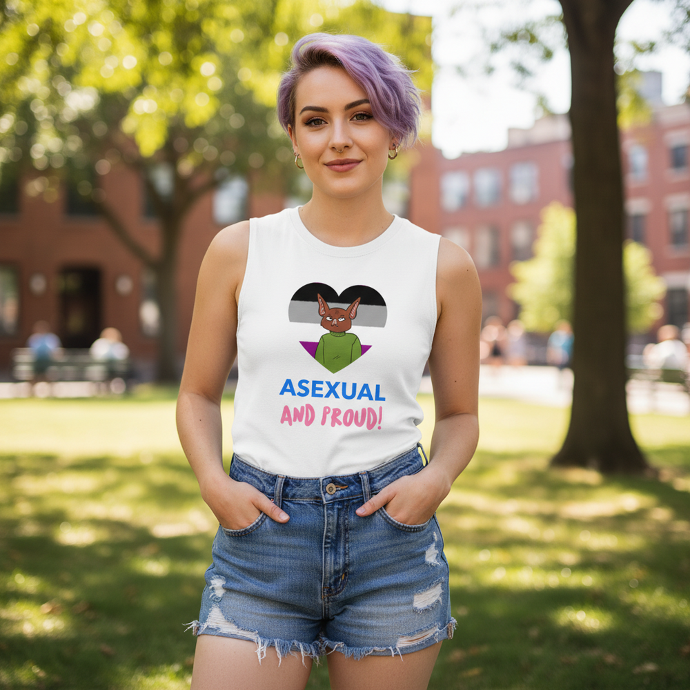 Asexual And Proud Muscle Top with cartoon cat, ace flag heart, and "Asexual and Proud!" on black; paired with ripped shorts.