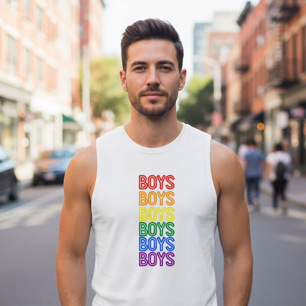 Unisex muscle tank with "BOYS" repeated six times in rainbow colors; queer streetwear seen on a man in a sunny city scene.