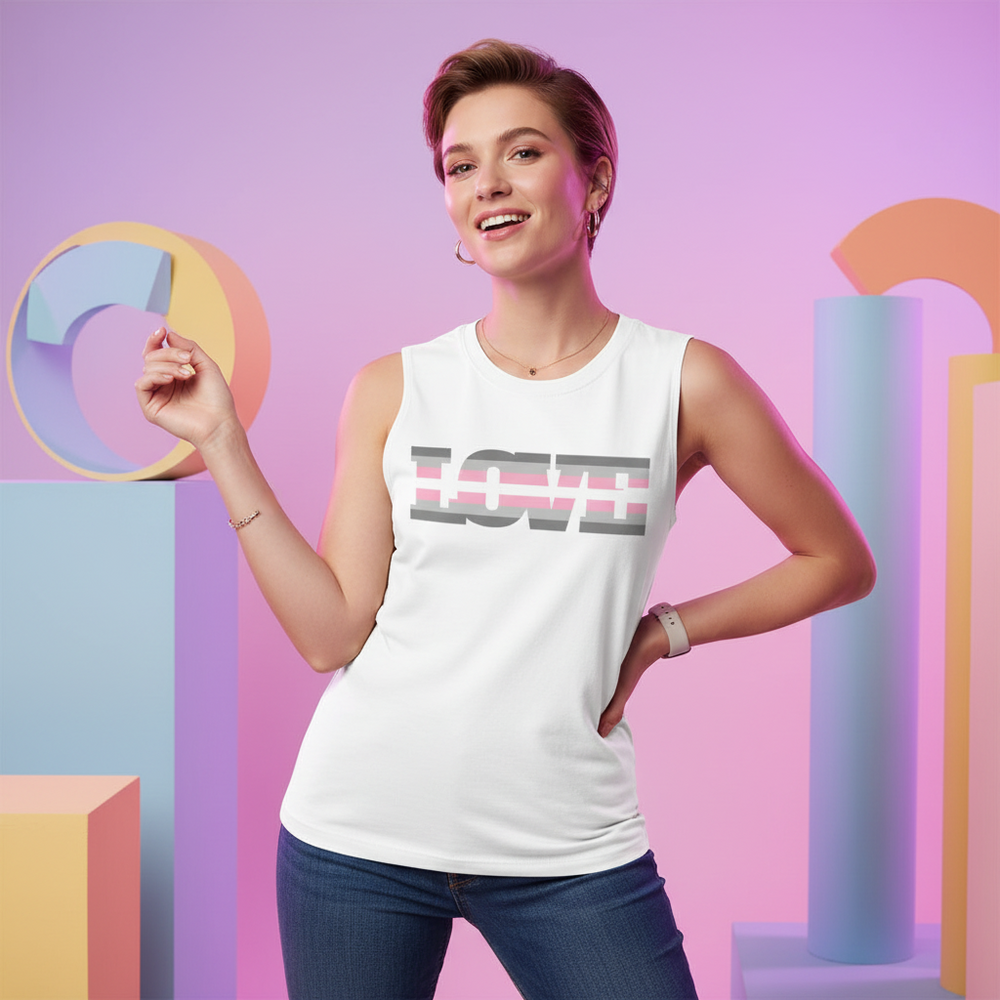 Demigirl Love Muscle Top with bold “LOVE” text, rocked by a smiling woman, pops against bright pastel geometric queer vibes.