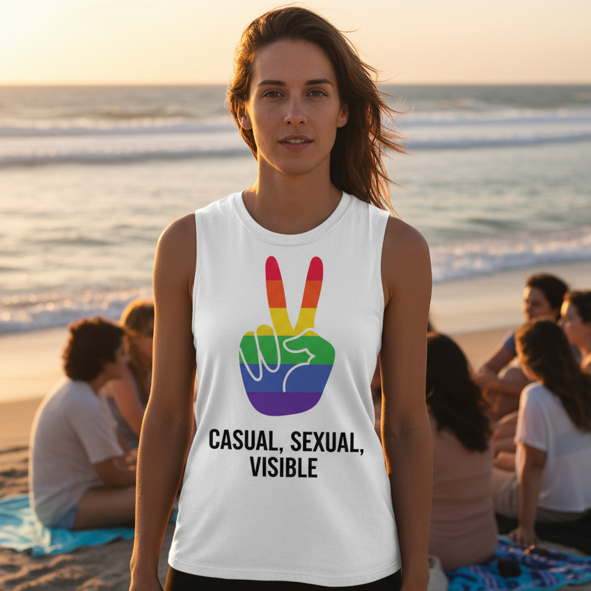 Gay Muscle Top—a relaxed fit unisex tank with a rainbow peace sign and “CASUAL, SEXUAL, VISIBLE”—worn at sunset beach.