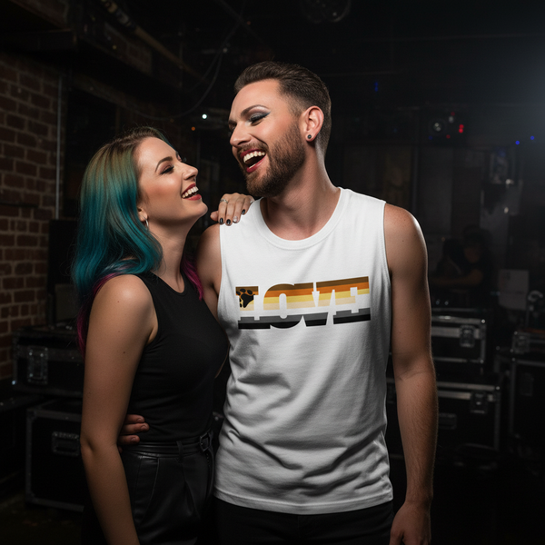 Bearded person in makeup wearing a white bear pride flag tank top beside a smiling person