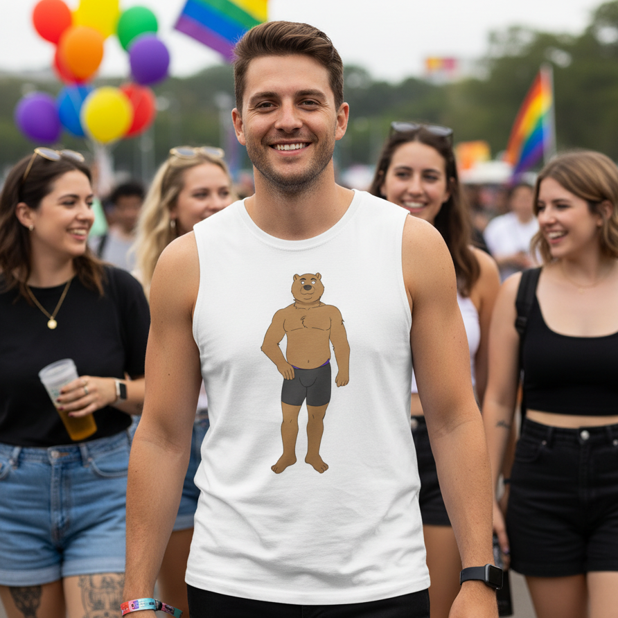 Gay Cub Muscle Top with a cartoon bear in shorts, worn by a smiling man at Pride. Rainbow flags and balloons fill the scene.