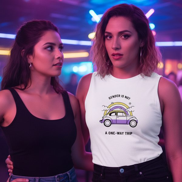 White sleeveless top reading “GENDER IS NOT A ONE-WAY TRIP,” with a rainbow car graphic, worn in a neon-lit venue