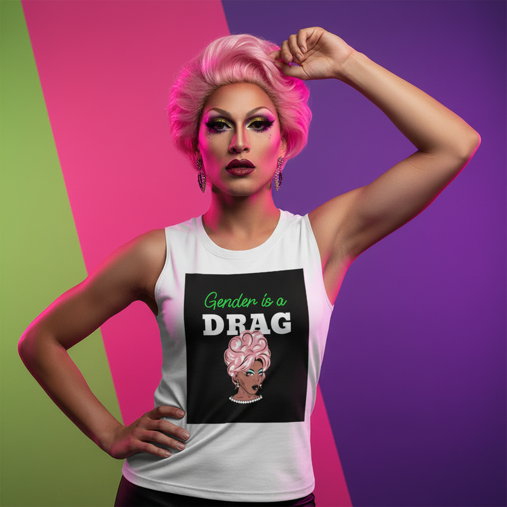 Gender Is A Drag muscle top with a drag queen graphic and "Gender is a Drag" in green and white; model rocks bold pink hair.