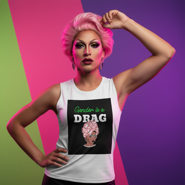 Gender Is A Drag muscle top with a drag queen graphic and 
