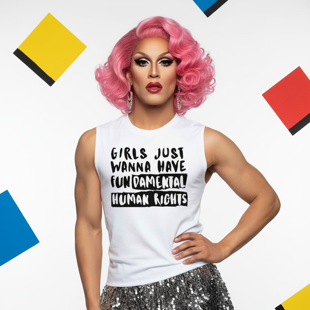 Model in a white muscle tank reading “Girls Just Wanna Have Fundamental Human Rights”
