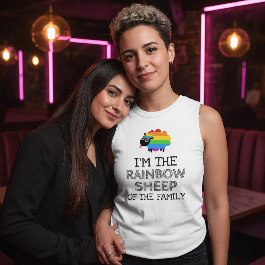 Muscle top with “I’m The Rainbow Sheep Of The Family” slogan and rainbow sheep graphic, worn by a queer woman at a neon bar.