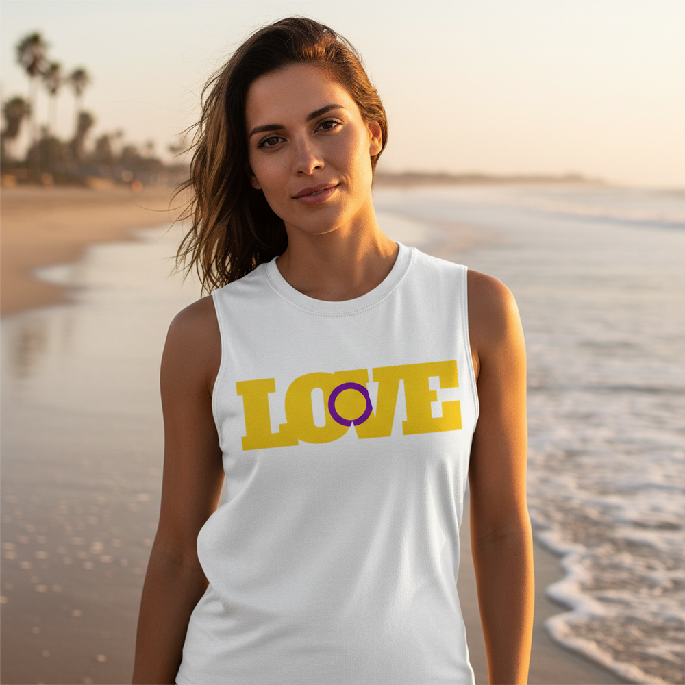 Intersex Love Muscle Top, relaxed fit, bold yellow "LOVE" text with intersex pride symbol as the "O," beach sunset vibes.