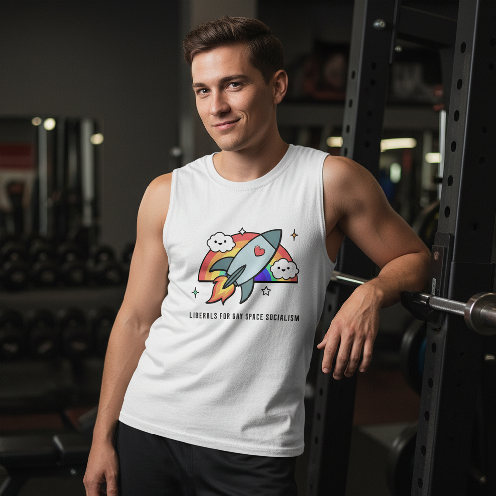 Muscle tank top with “LIBERALS FOR GAY SPACE SOCIALISM,” cartoon rocket, rainbow, and clouds; queer guy smiling in gym.