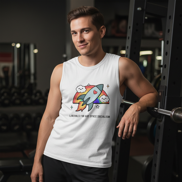 Muscle tank top with “LIBERALS FOR GAY SPACE SOCIALISM,” cartoon rocket, rainbow, and clouds; queer guy smiling in gym.