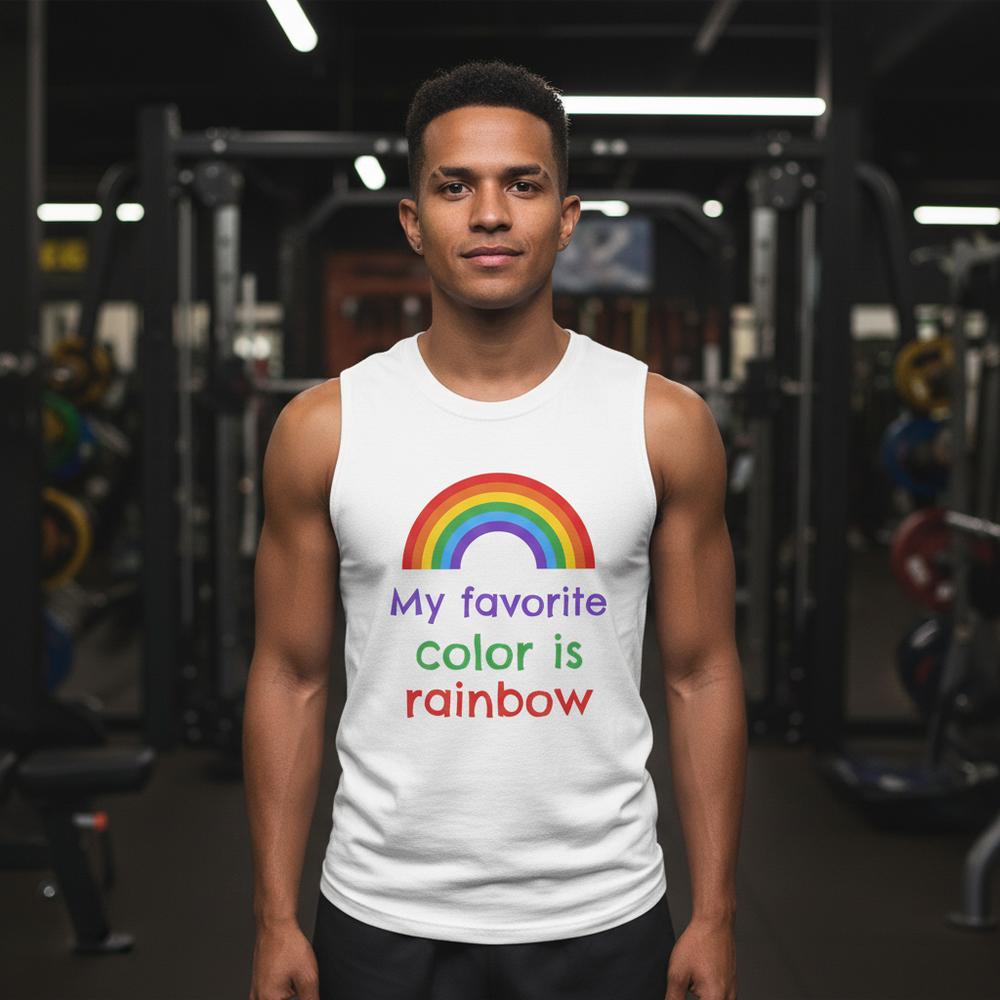 White sleeveless muscle top with a rainbow graphic and “My favorite color is rainbow” slogan, worn by a man in the gym.