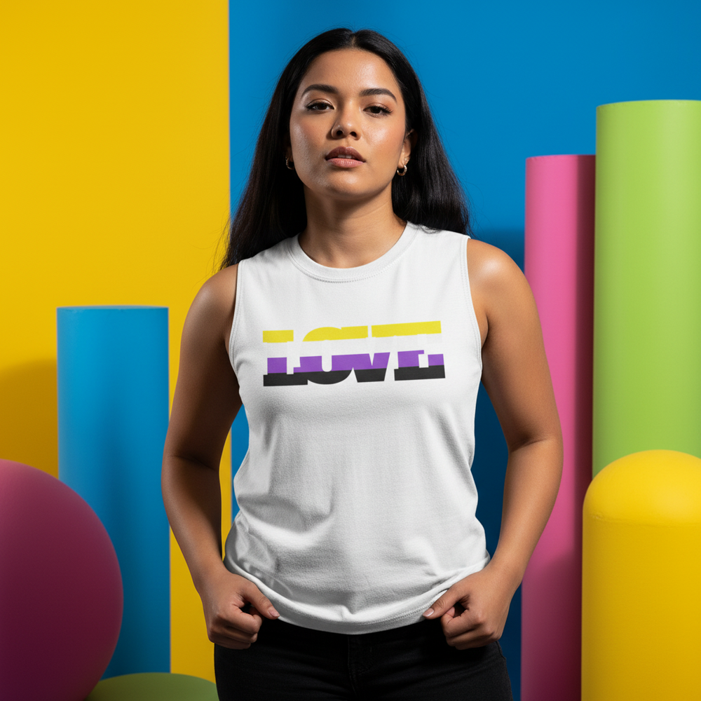 Non-Binary Love Muscle Top with “LOVE” in yellow, white, and purple block letters; model stands before bright rainbow props.