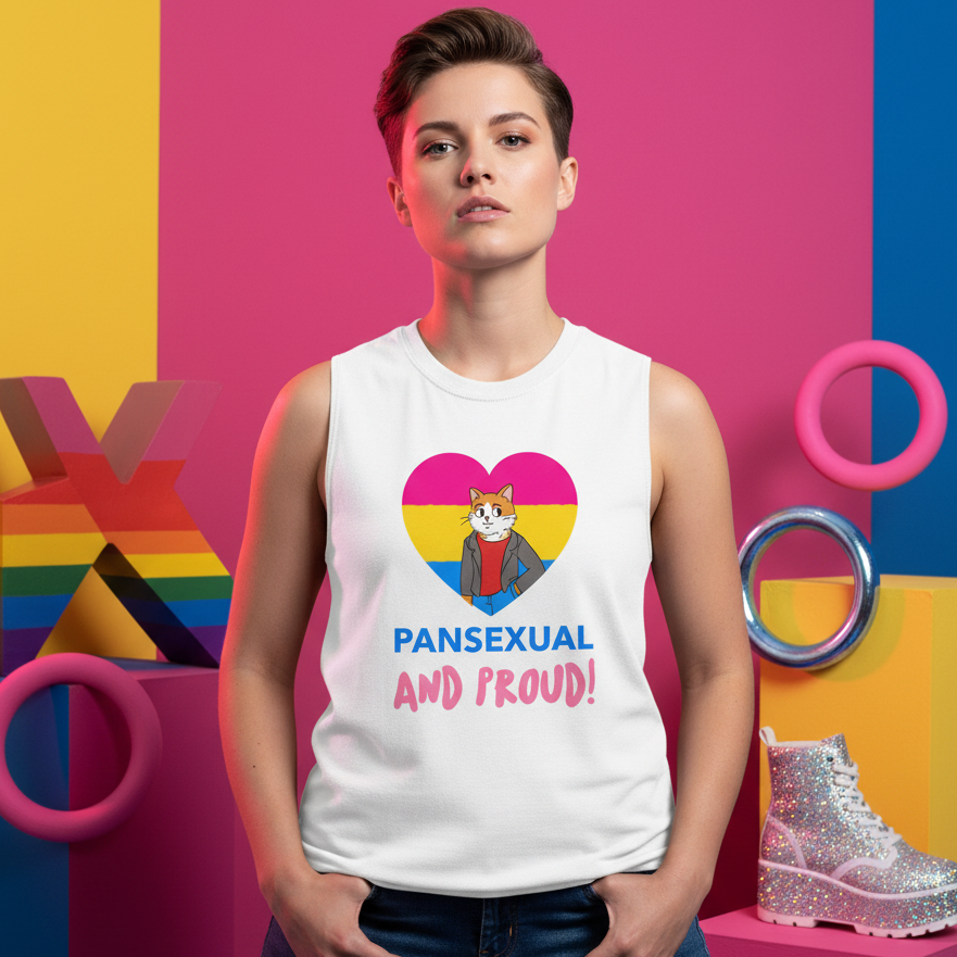 Pansexual And Proud Muscle Top with a cartoon cat in a jacket, heart in pan flag colors; pink and blue props, queer vibes.