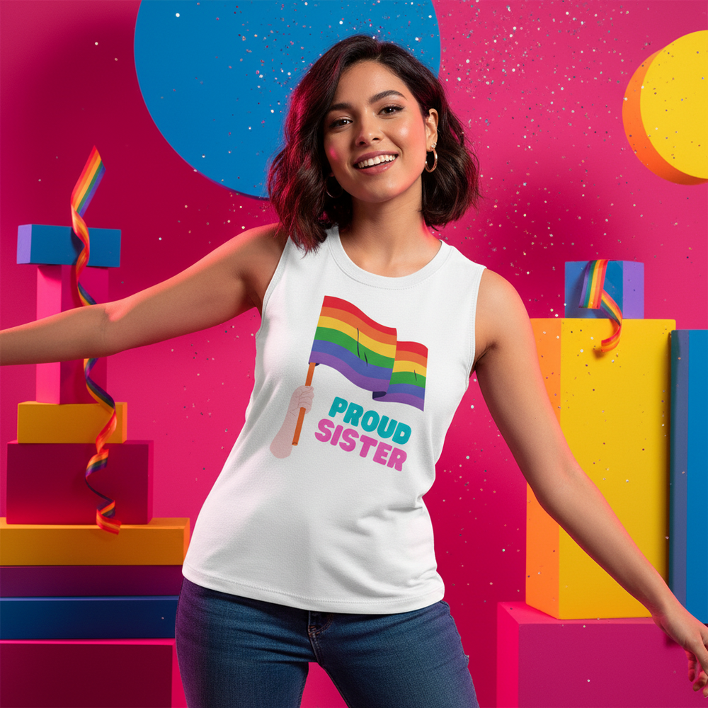 Proud Sister muscle top with rainbow flag and "PROUD SISTER" slogan, worn by a smiling woman at a festive LGBTQ+ pride scene.