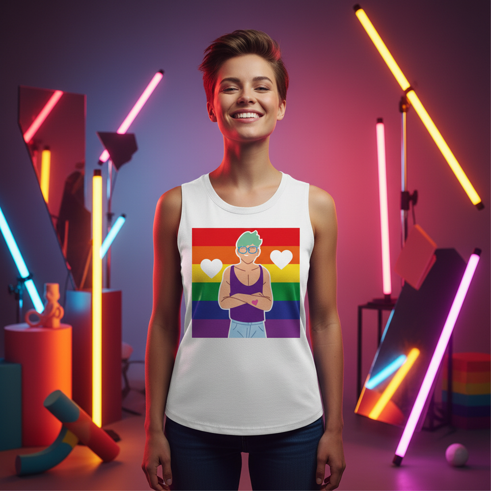 Person wearing a white tank top with a rainbow flag, cartoon figure, and two hearts