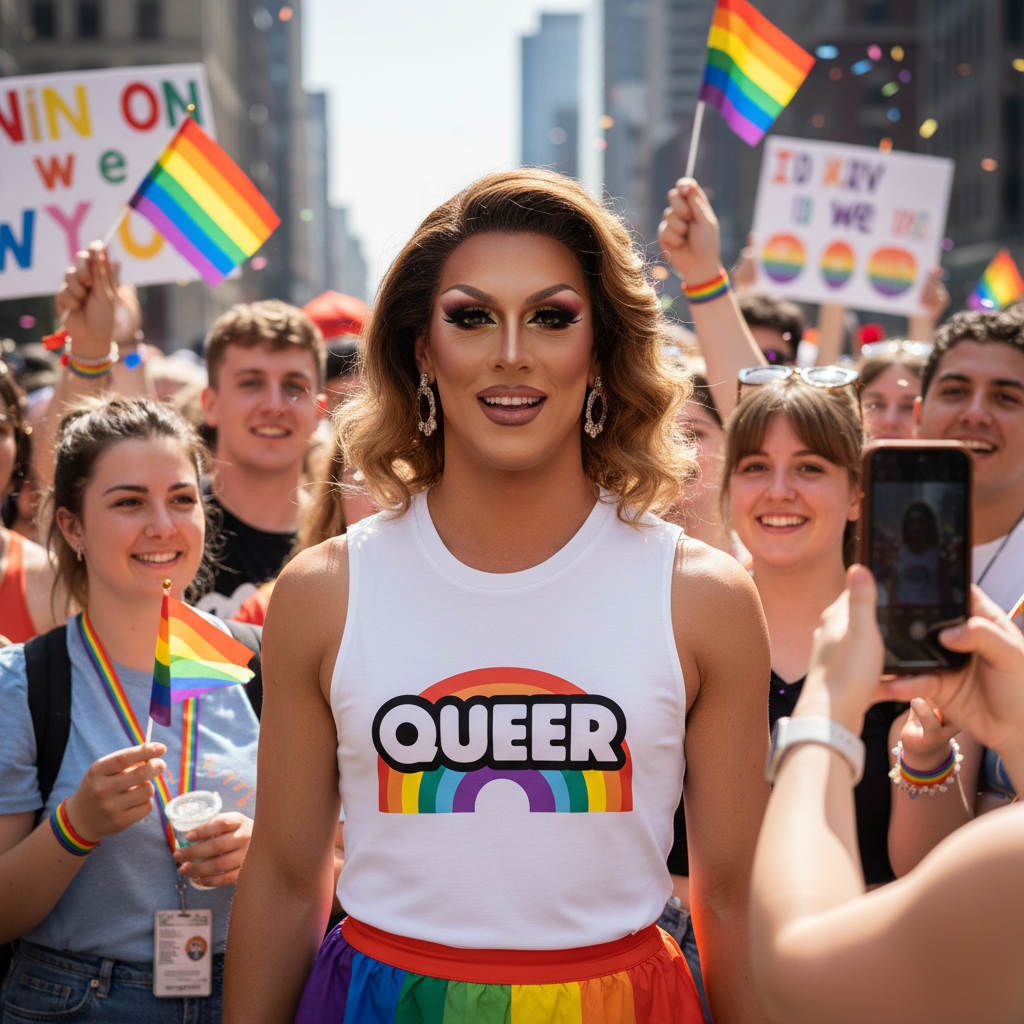 Queer Rainbow Muscle Top on a drag queen at Pride, grinning amid flag-waving crowds and confetti in a sunny city street.