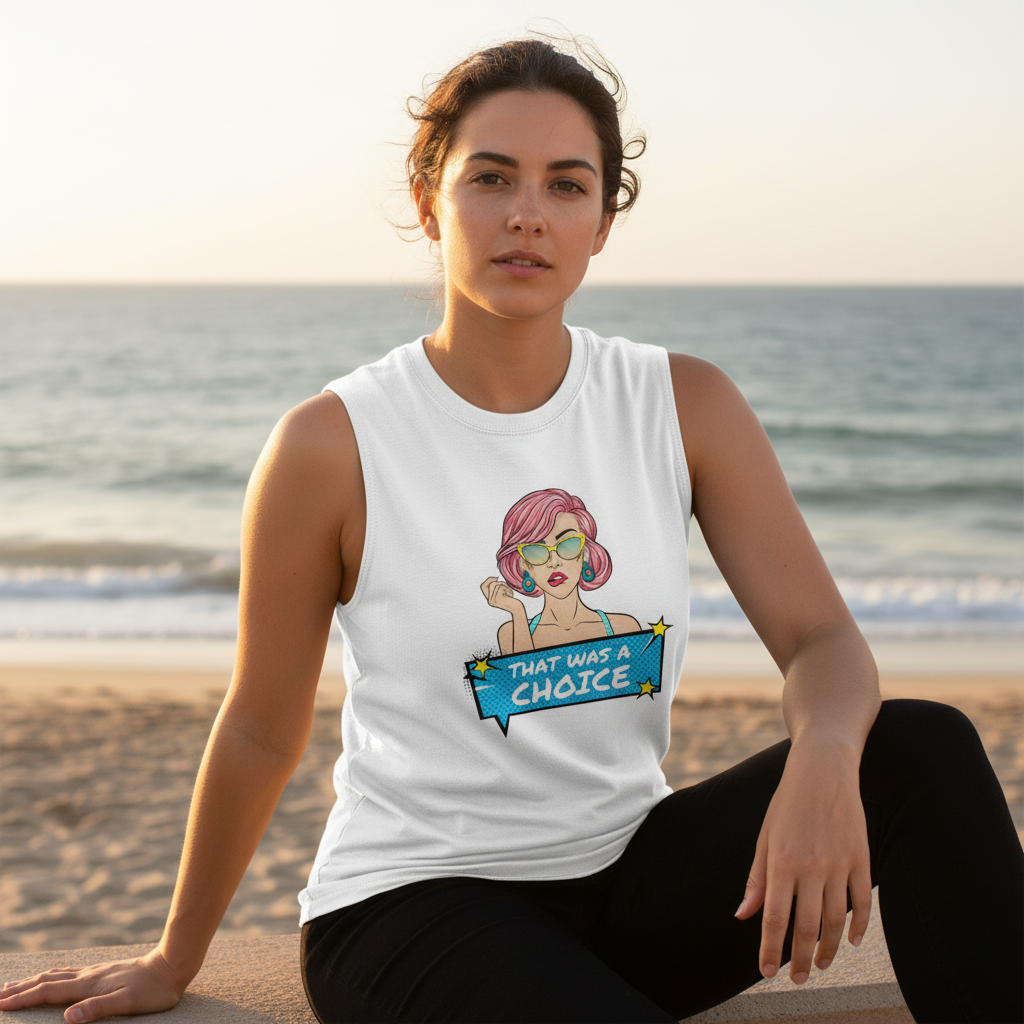 That Was A Choice muscle top with bold “That Was a Choice” slogan and cartoon pink-haired babe, worn at sunset on the beach.