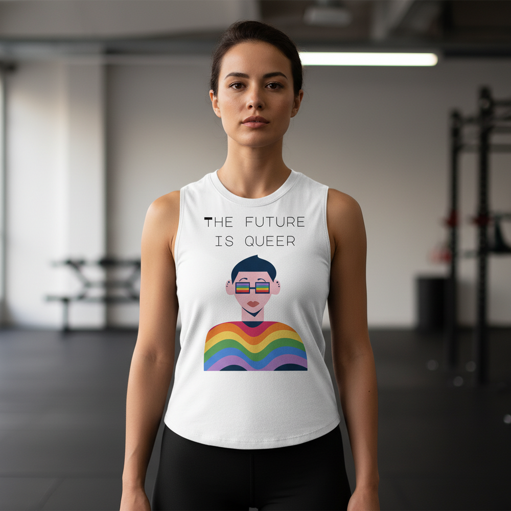 Muscle top with "THE FUTURE IS QUEER" slogan and rainbow-clad figure; woman in gym, blurred fitness gear behind her.