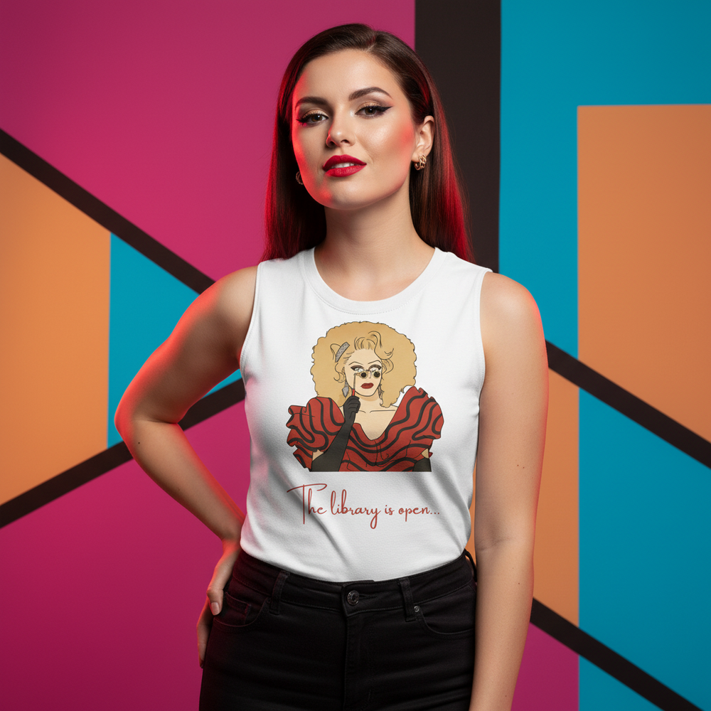 Relaxed-fit white muscle top featuring a drag queen and "The Library Is Open (Rupaul)" slogan, styled with black jeans.