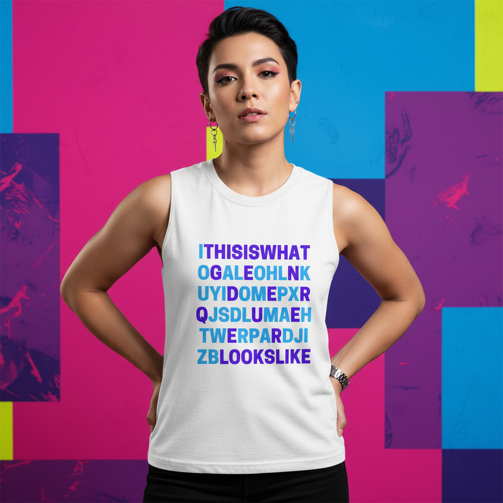 White queer Pride tank top with “This Is What Genderqueer Looks Like Muscle Top” design
