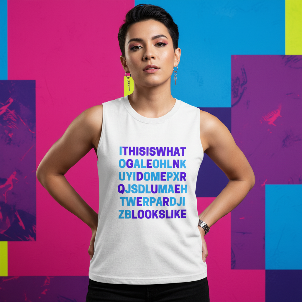 White unisex tank top with bold, colorful "This Is What Genderqueer Looks Like" text; person with short dark hair; vivid geometric shapes in yellow, blue, pink, and purple behind them.