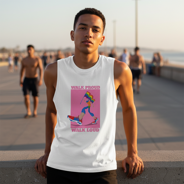 Walk Proud Walk Loud Muscle Top with a bold, vibrant graphic and slogan, worn by a young man on a sunny LGBTQ+ boardwalk.
