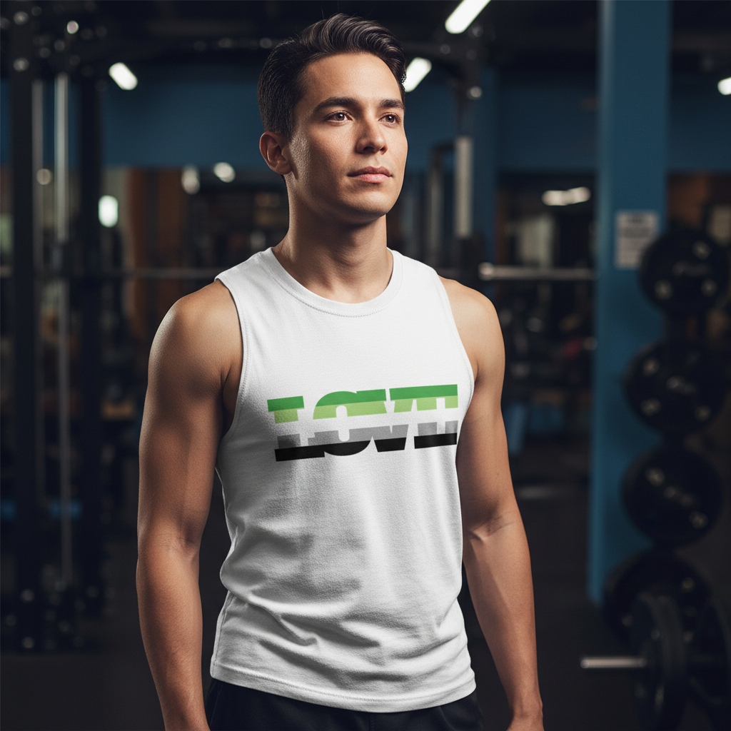 Aromantic Love Muscle Top with bold "LOVE" in green, white, black, and brown stripes; pride gear and gym weights in background.