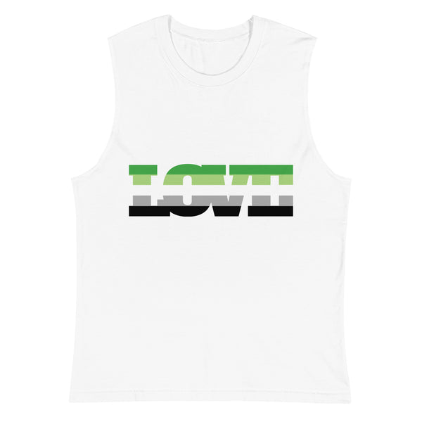 Aromantic Love Muscle Tank: A bold, sleeveless white top with LOVE in green, gray, and black, celebrating queer pride and self-expression with its empowering and inclusive design.