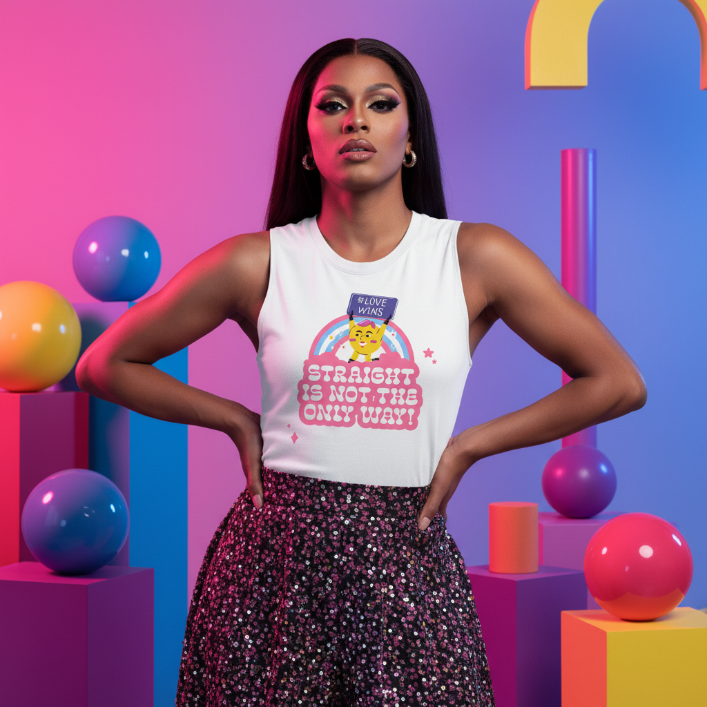 Straight Is Not The Only Way!" muscle top with rainbow graphic, paired with a sequined skirt; bold pink-blue queer-themed backdrop.