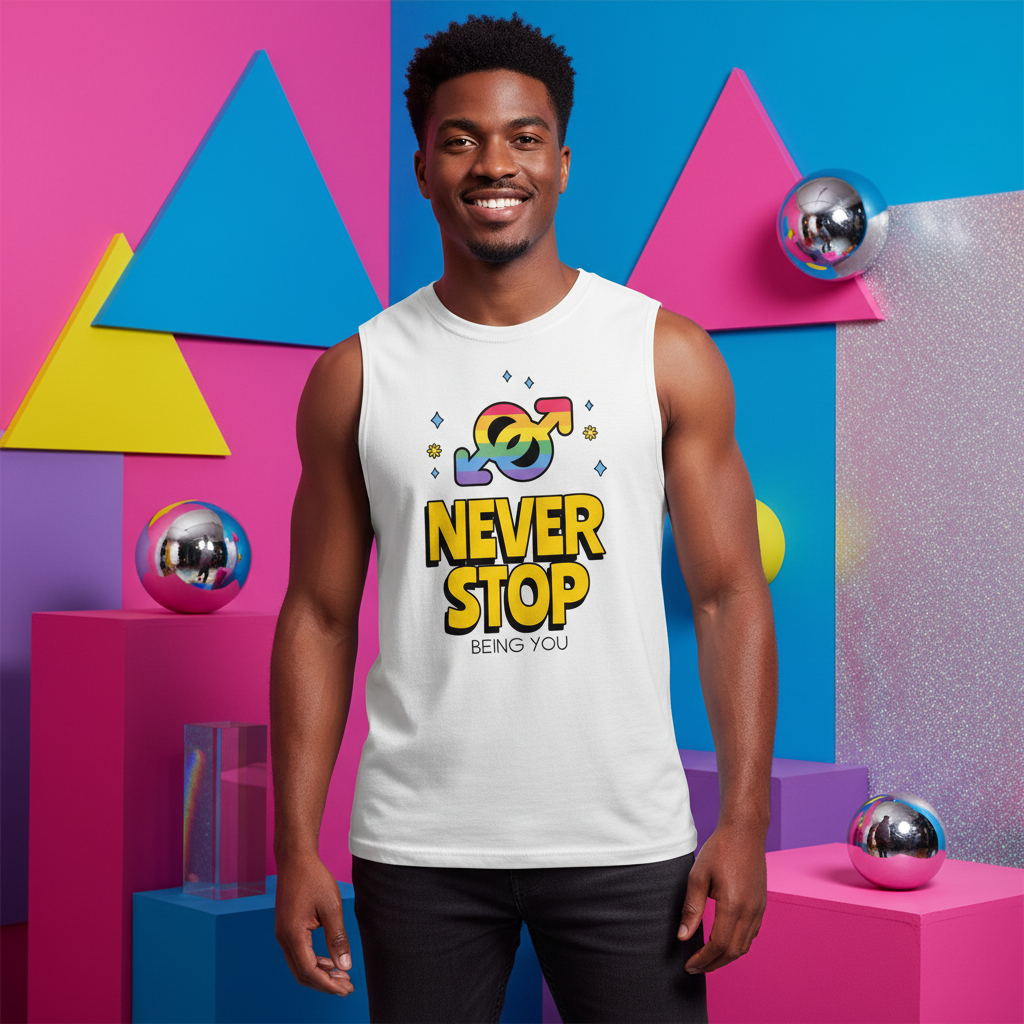 Never Stop Being You muscle top with rainbow gender symbols and "NEVER STOP BEING YOU" slogan, queer pride look, disco vibe.