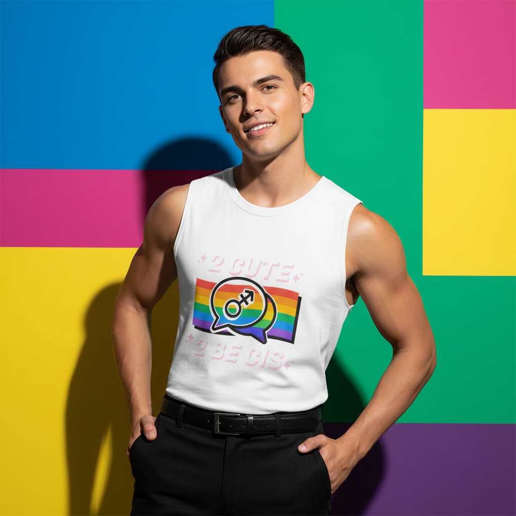 Smiling man in a white 2 Cute 2 Be Cis Muscle Tank with rainbow stripes and speech bubbles, hands in pockets, embodying queer pride, empowerment, and self-expression in a bold, sleeveless design.