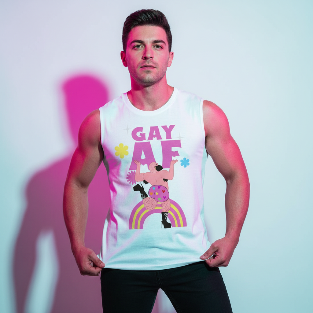Young athletic man models the “Gay AF” Muscle Tee, featuring a playful cartoon figure dancing on a rainbow. The bold slogan and vibrant design celebrate LGBTQIA+ pride and self-expression with empowering flair.