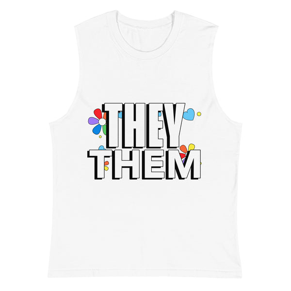 White muscle tank featuring bold black 