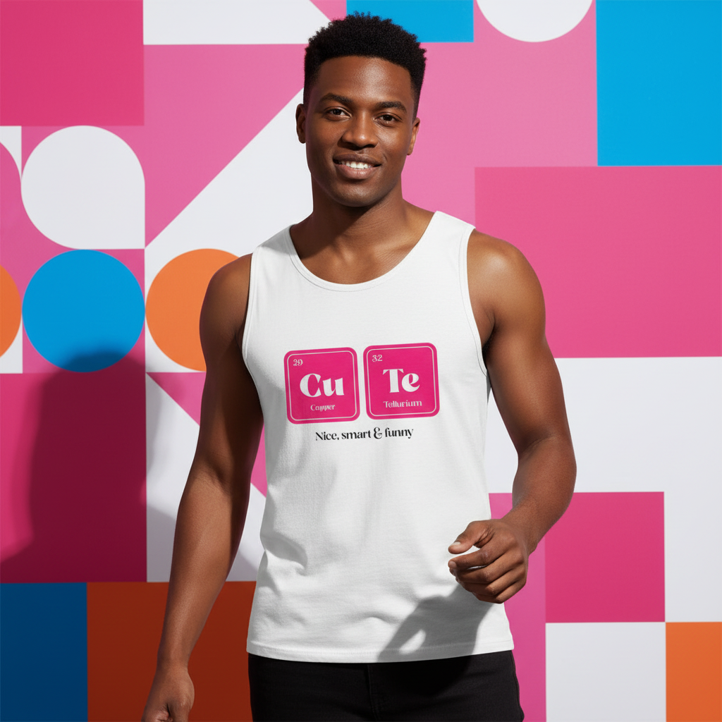 Young man in a white CuTe Nice Smart & Funny Muscle Tank, showcasing prideful, queer empowerment. The sleeveless top displays periodic-table inspired print, embodying visibility and self-expression from Queer In The World.