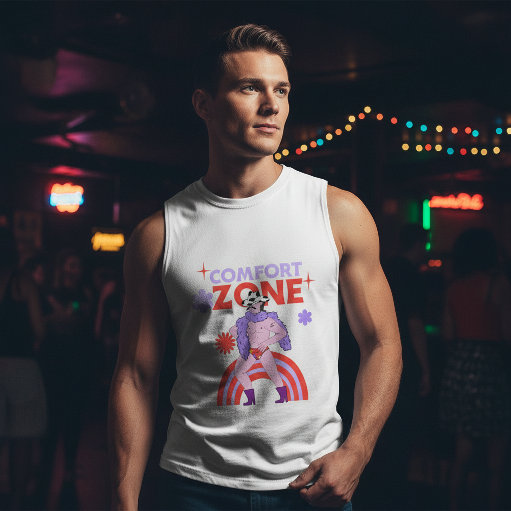 Young man in a dimly lit club wears the This Is My Comfort Zone Muscle Tank, featuring a retro graphic with a figure in flamboyant attire, embodying queer pride and self-expression.